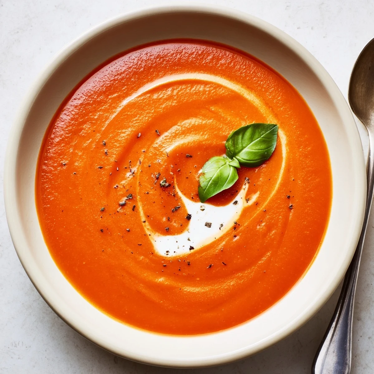 Creamy Tomato Soup steaming in a bowl, garnished with fresh basil  