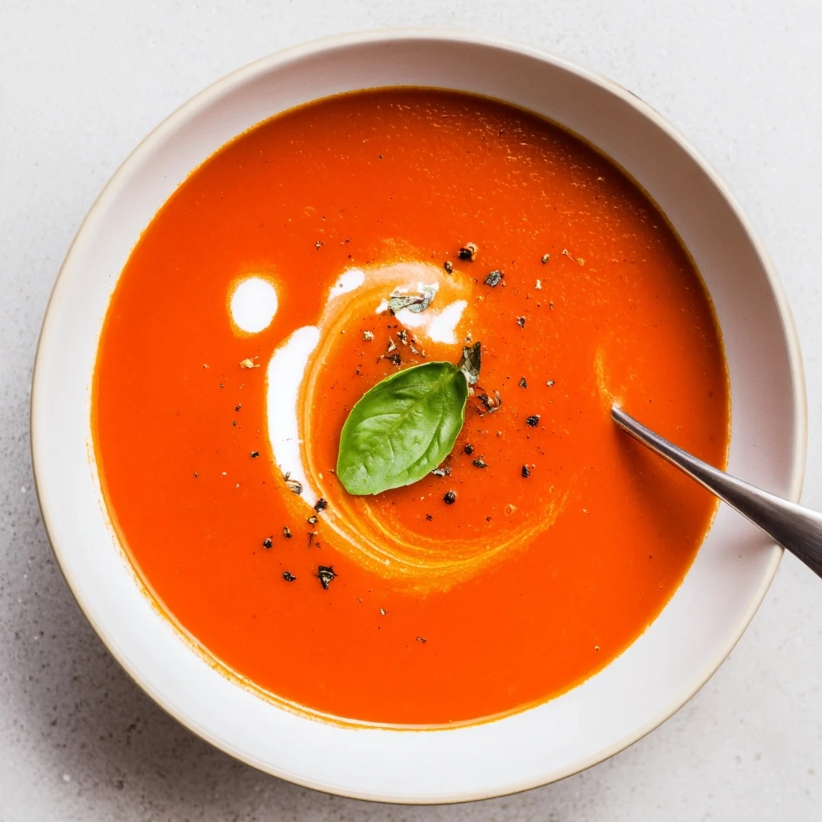 Silky Tomato Soup warmed with garlicky carrot aroma, finished with cream swirl
