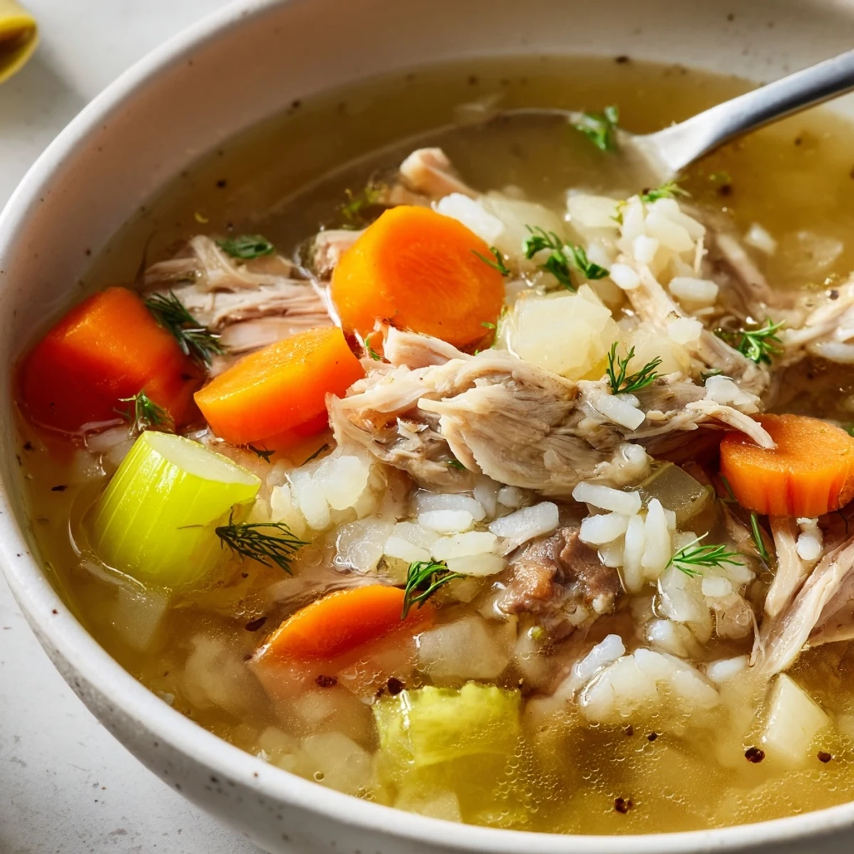 Hearty Chicken Soup steaming in a bowl with tender meat and parsley
