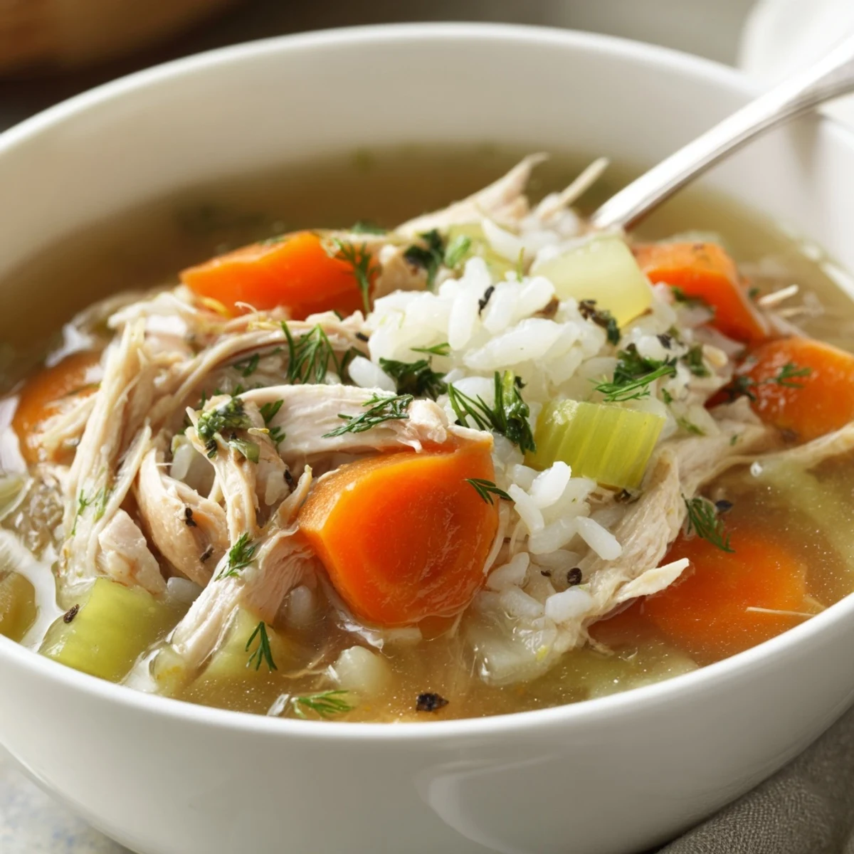 Bowl of Chicken Soup glistening with golden broth, tender chicken, fresh dill