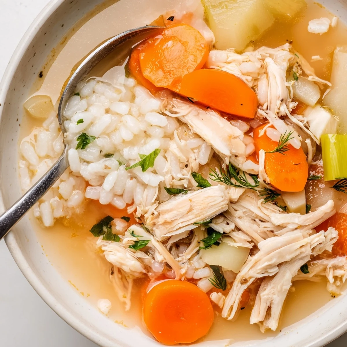 Golden Chicken Soup brimming with carrots, celery, noodles, and crusty bread