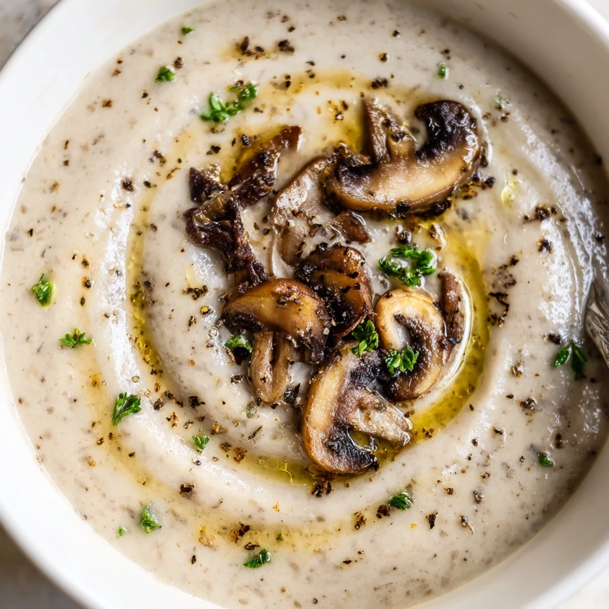 Creamy Mushroom Soup steaming in a bowl, browned mushrooms and parsley