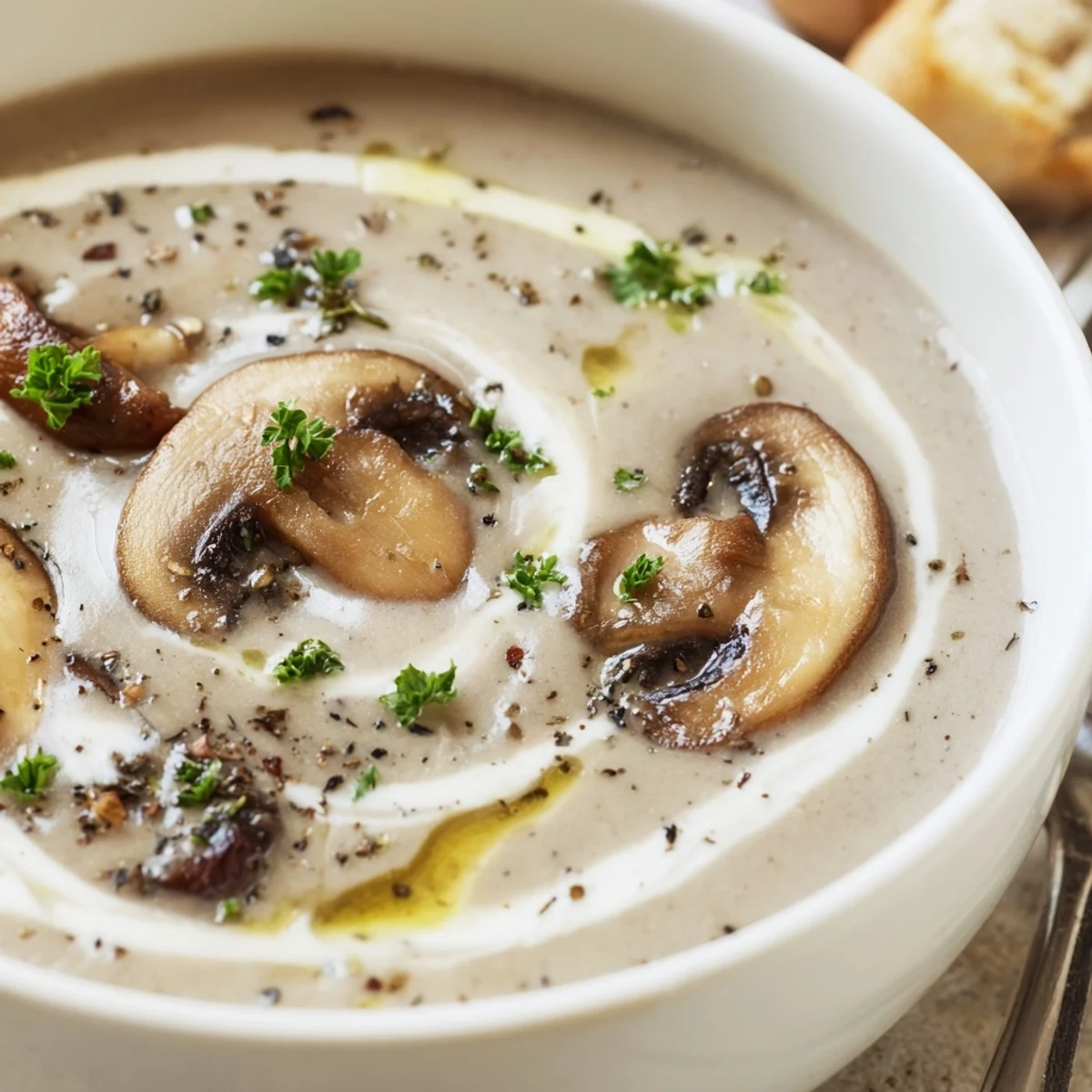 Silky Mushroom Soup ladled from a pot, aromatic thyme and garlic notes