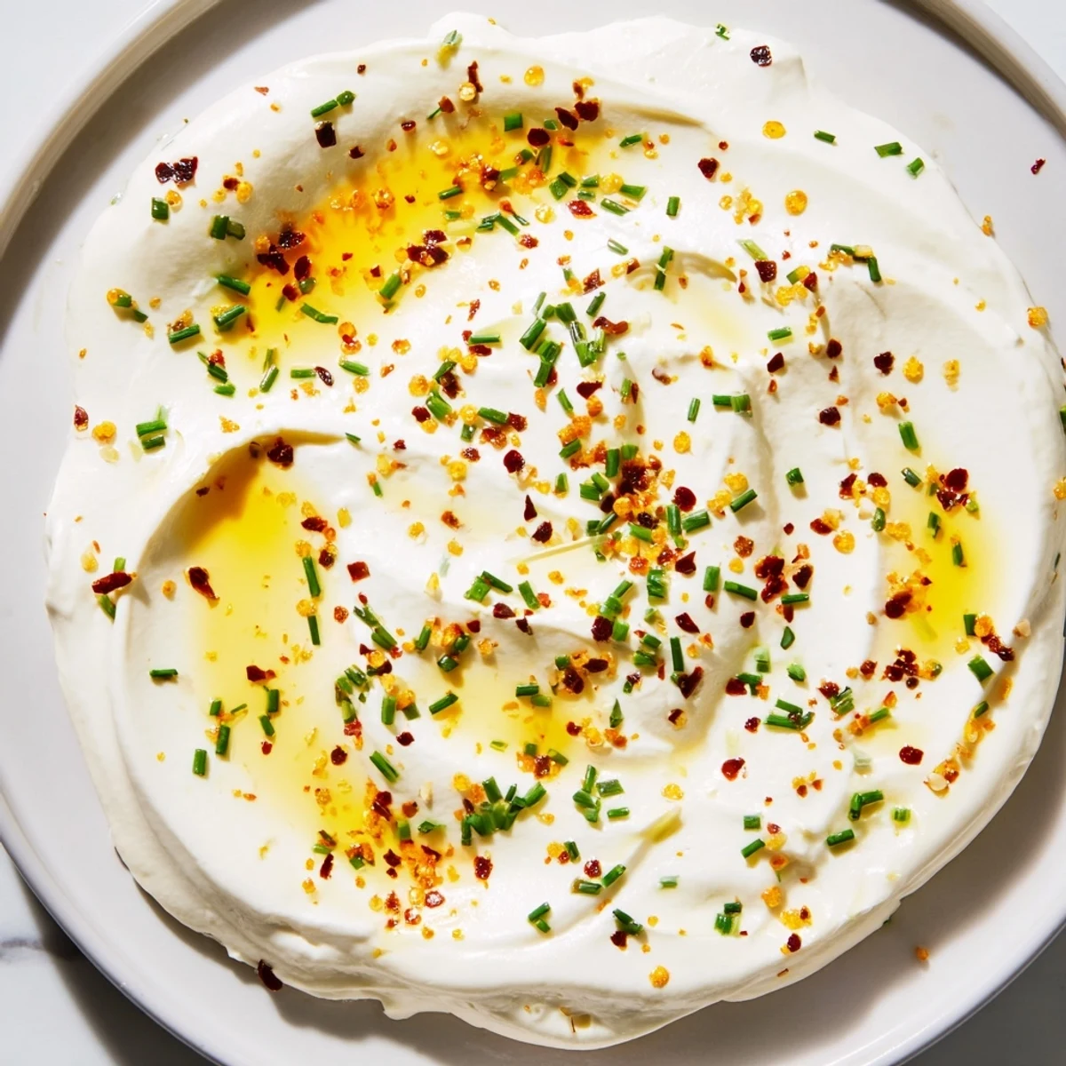 Creamy whipped feta dip drizzled with spicy hot honey and fresh herbs
