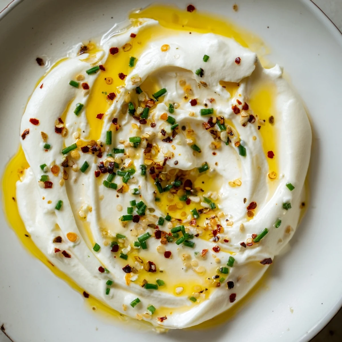 White bowl of smooth whipped feta topped with golden red pepper honey