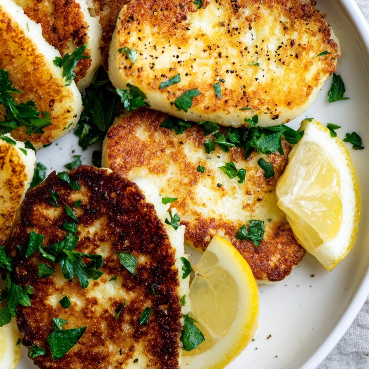 Golden pan fried halloumi cheese slices with fresh lemon wedges and chopped parsley garnish