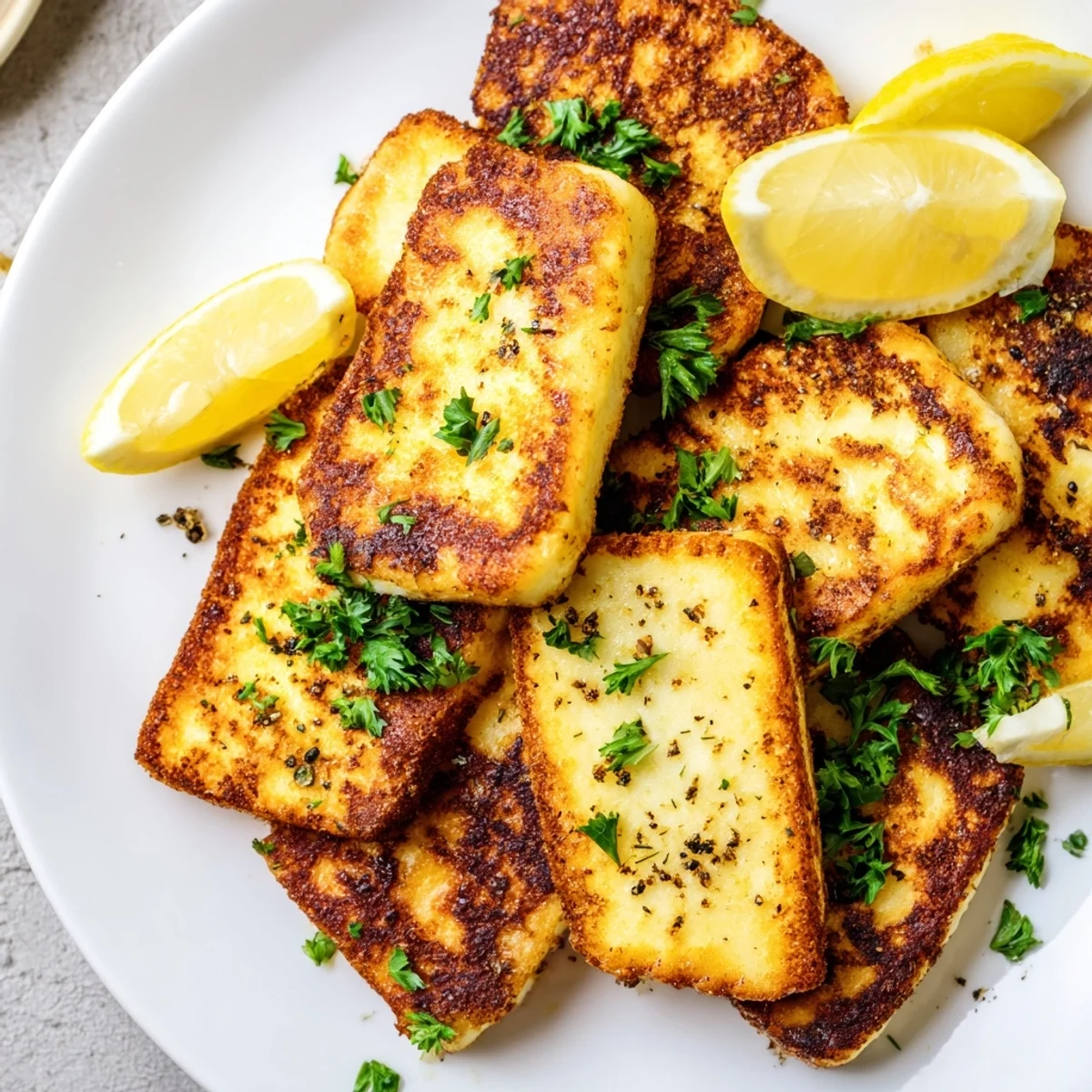 Crispy Mediterranean halloumi cheese frying in skillet with olive oil and black pepper seasoning