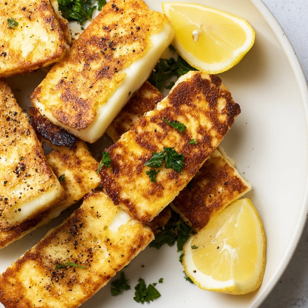 Savory pan fried halloumi served on white plate with lemon and fresh herbs