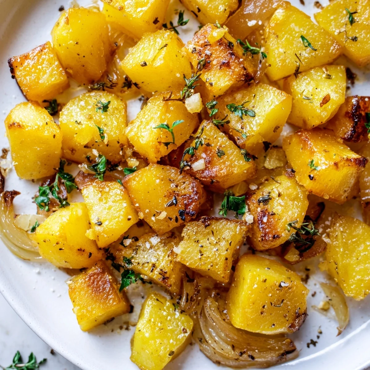 Golden brown roasted potatoes and onions with caramelized edges and fresh herbs on a white baking sheet