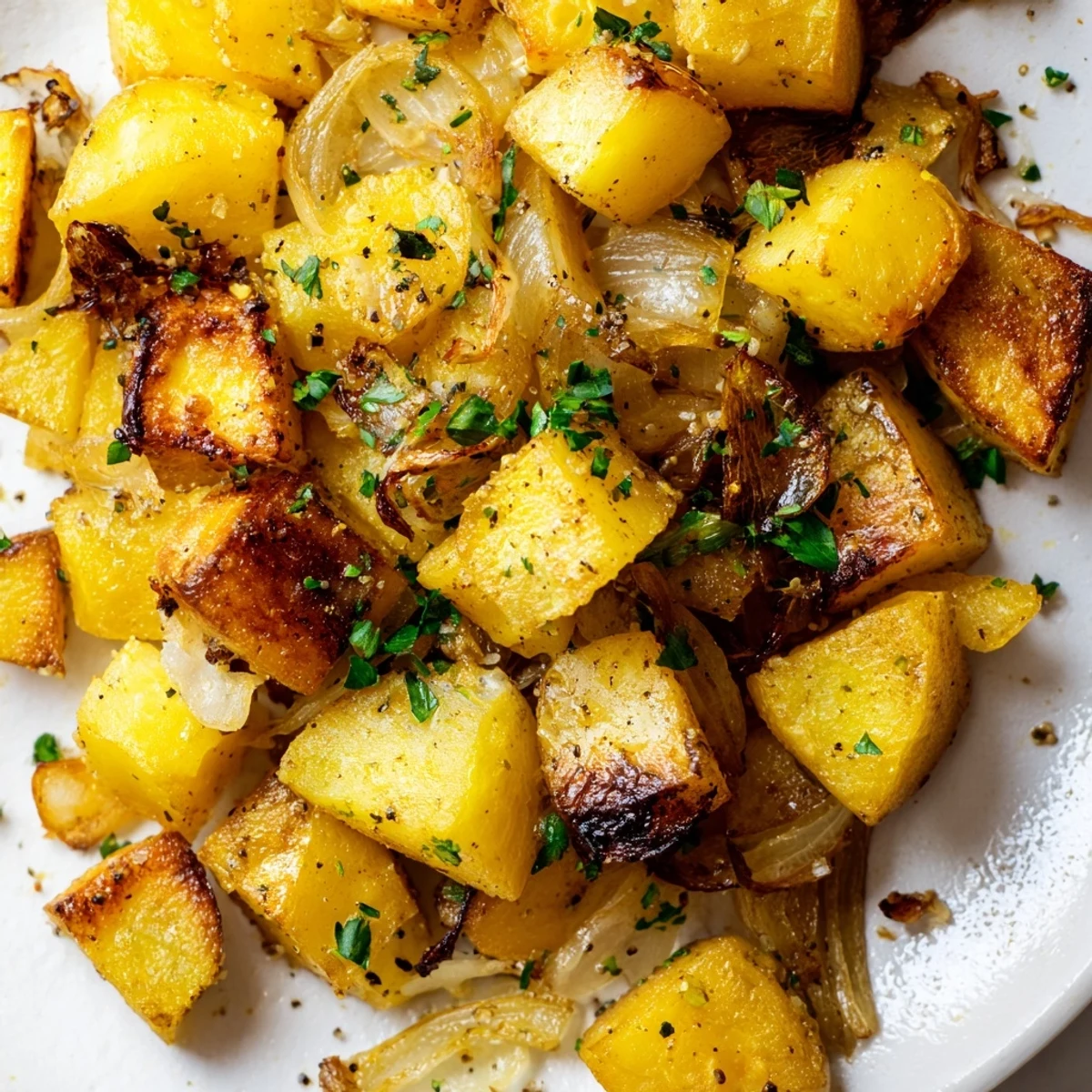 Crispy roasted potatoes and sweet onions tossed with olive oil and thyme arranged in a single layer