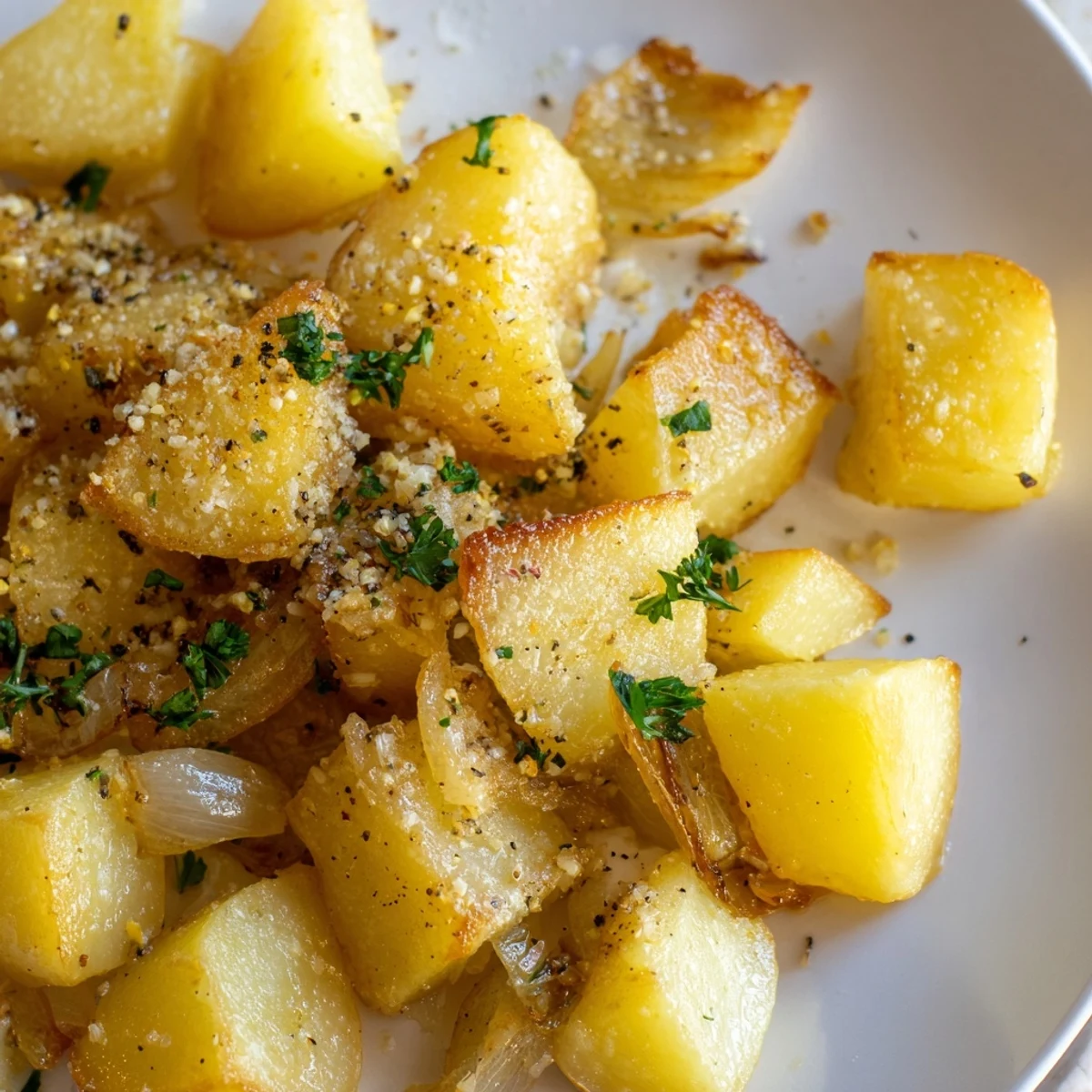 Comforting side dish of tender roasted potatoes and onions seasoned with garlic and black pepper, garnished with parsley
