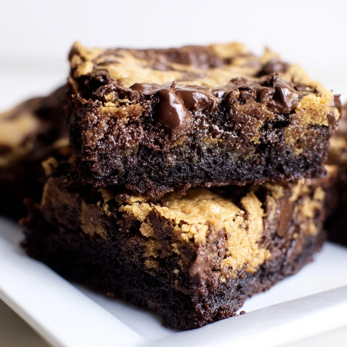 Fudgy chewy brookies cooling in a metal pan with swirled chocolate layers visible