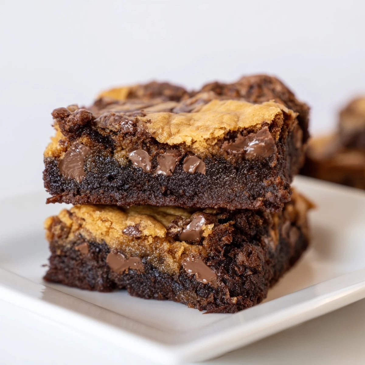 Square slice of fudgy chewy brookies showing both brownie and cookie textures with chocolate chips