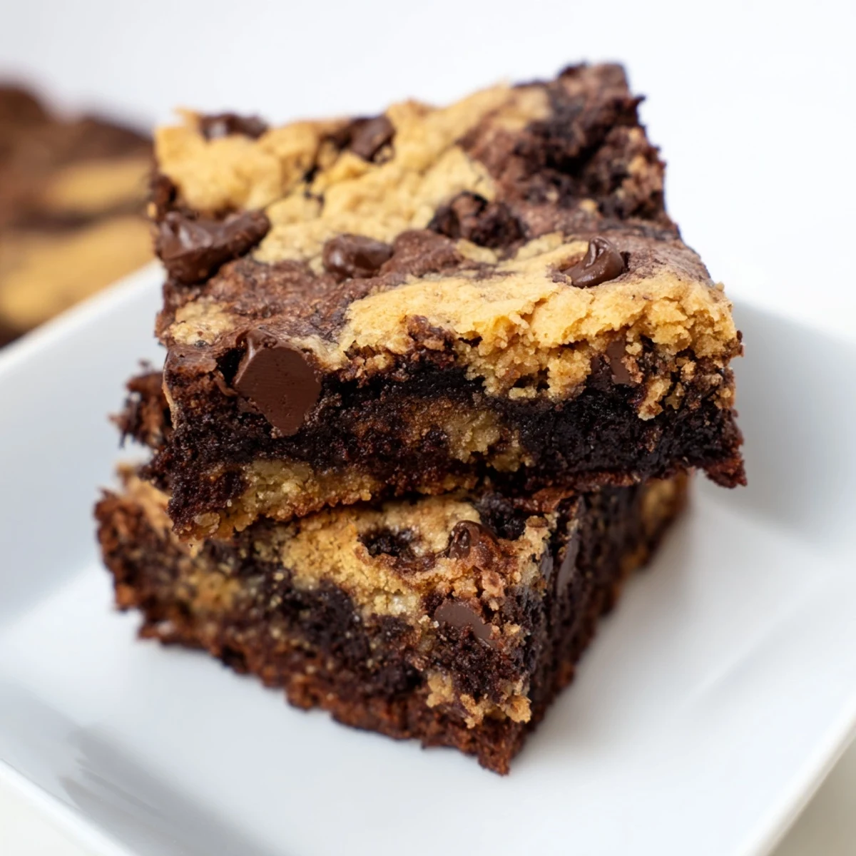 Freshly baked fudgy chewy brookies cut into squares with melted chocolate chips throughout