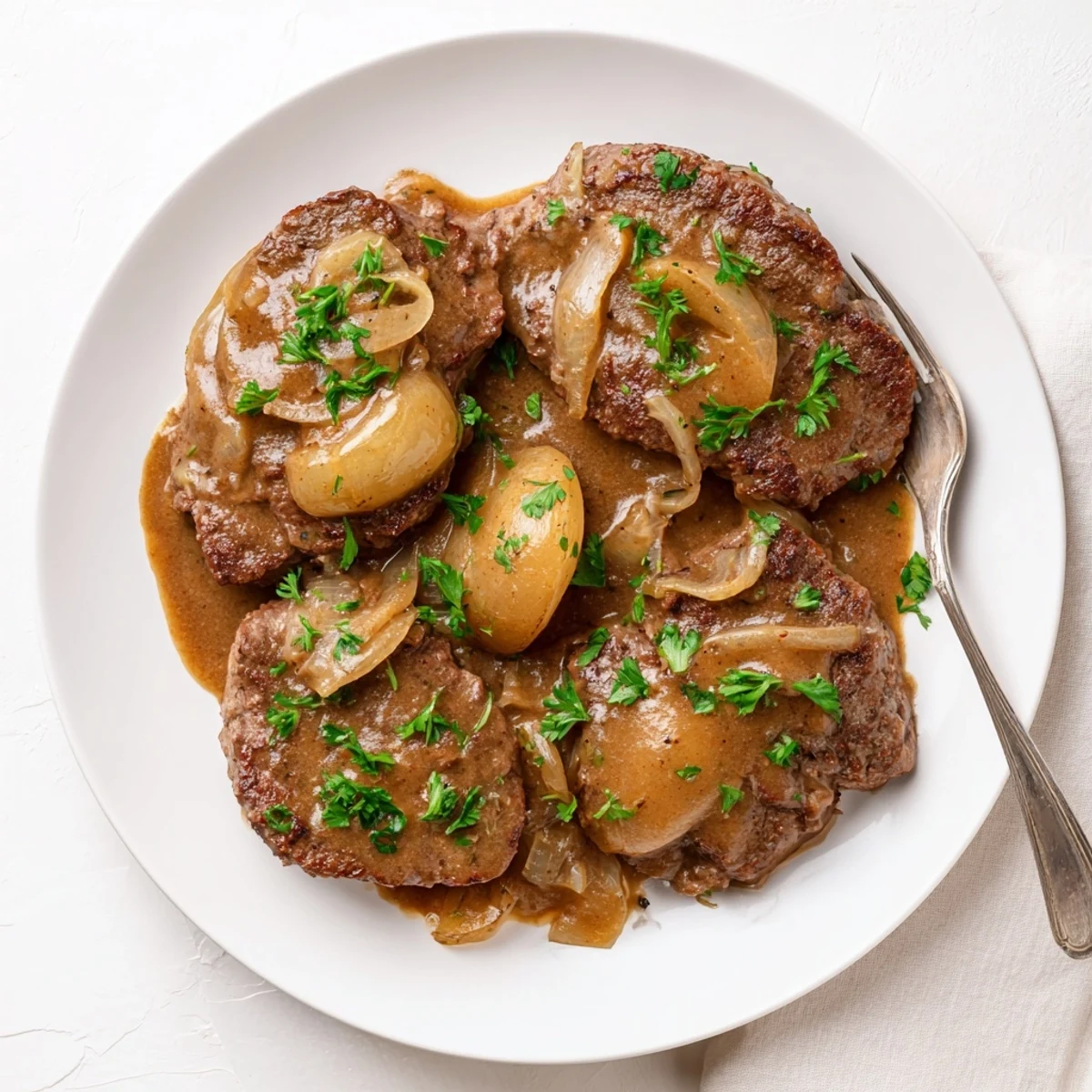 Pan seared cube steak smothered in thick beef and onion gravy with caramelized onions