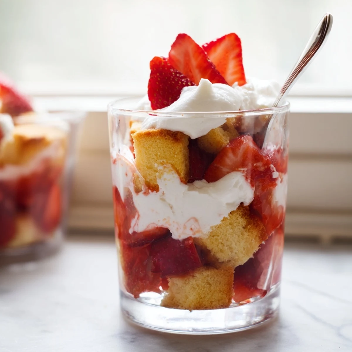 Strawberry Shortcake Trifles layered in clear glasses showing fluffy whipped cream, ruby red strawberries, and golden shortcake cubes