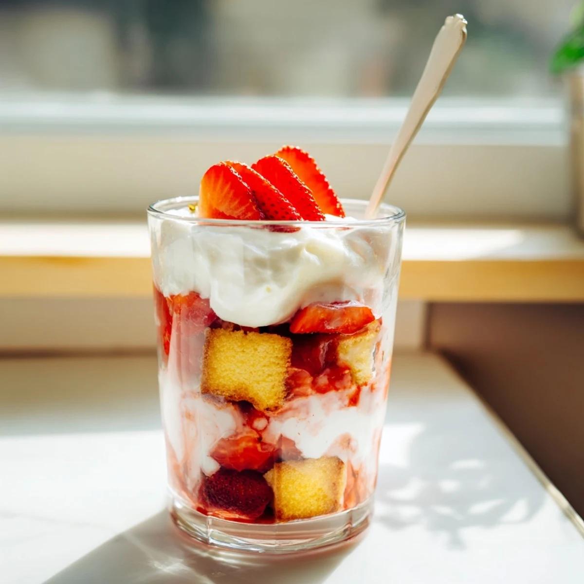 Beautifully layered Strawberry Shortcake Trifles with macerated juicy berries, sweet cream, and tender cake pieces in elegant serving glasses