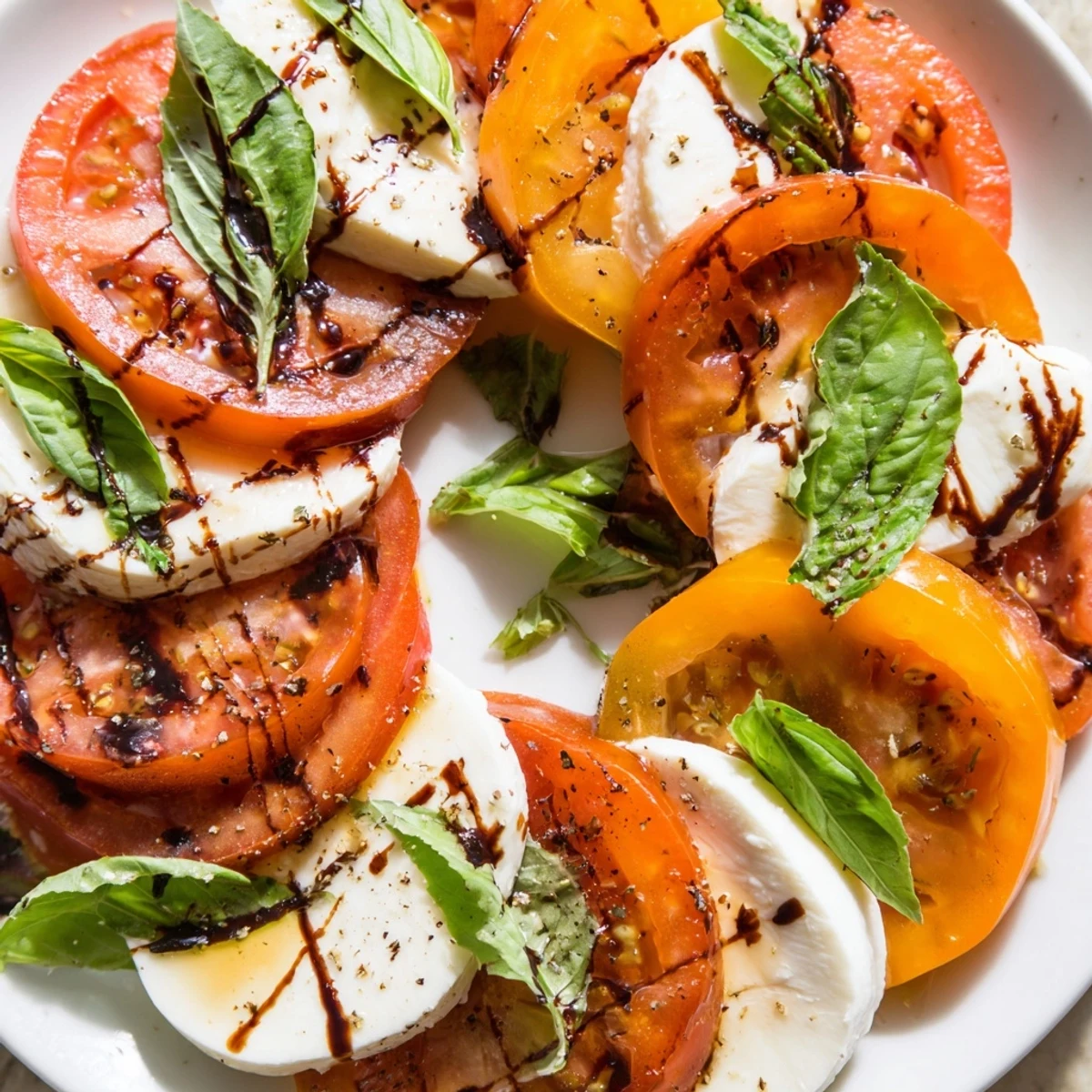 Bright Caprese Salad Ultimate Recipe arranged with extra virgin olive oil, flaky sea salt