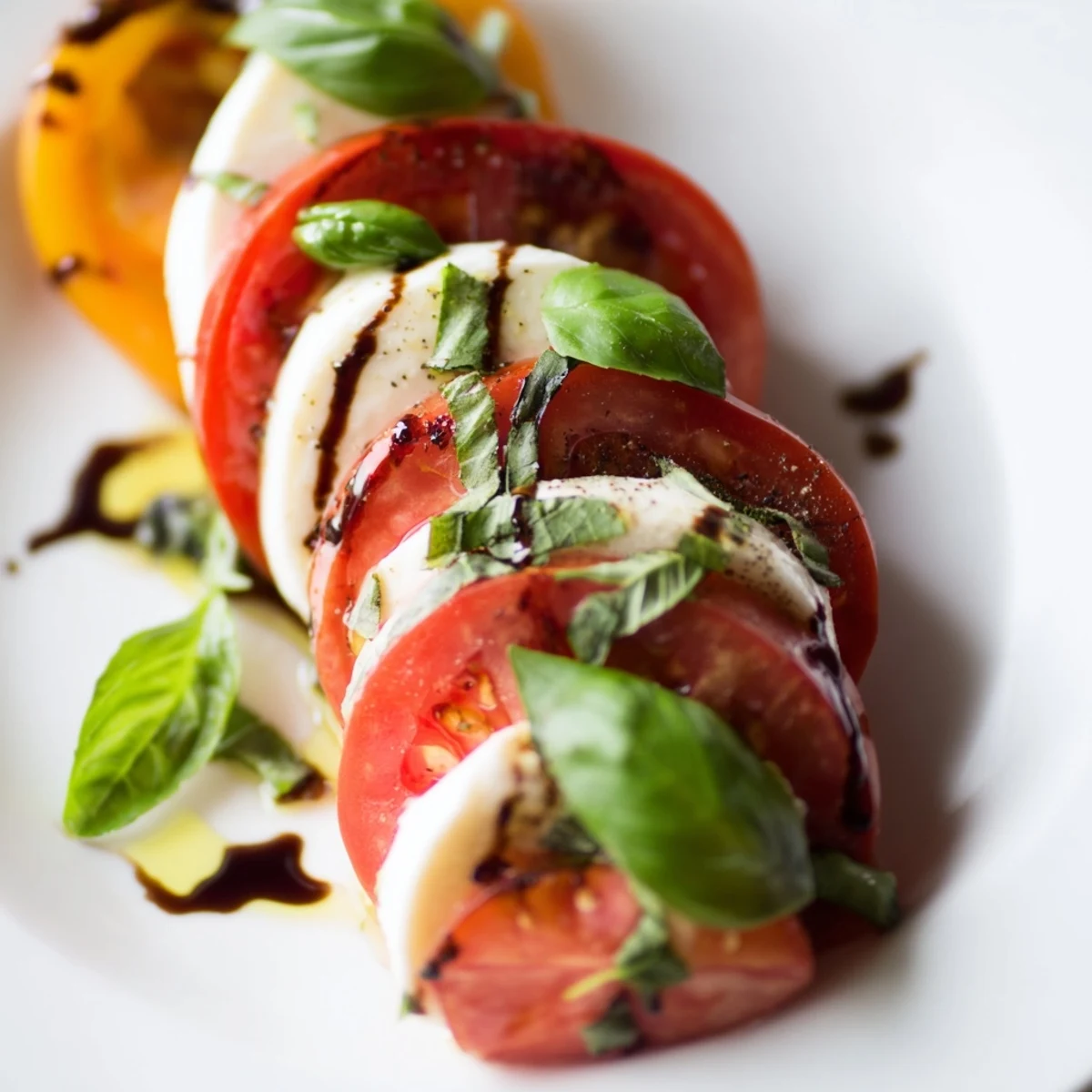 Caprese Salad Ultimate Recipe with juicy heirloom tomatoes, creamy mozzarella, basil on platter