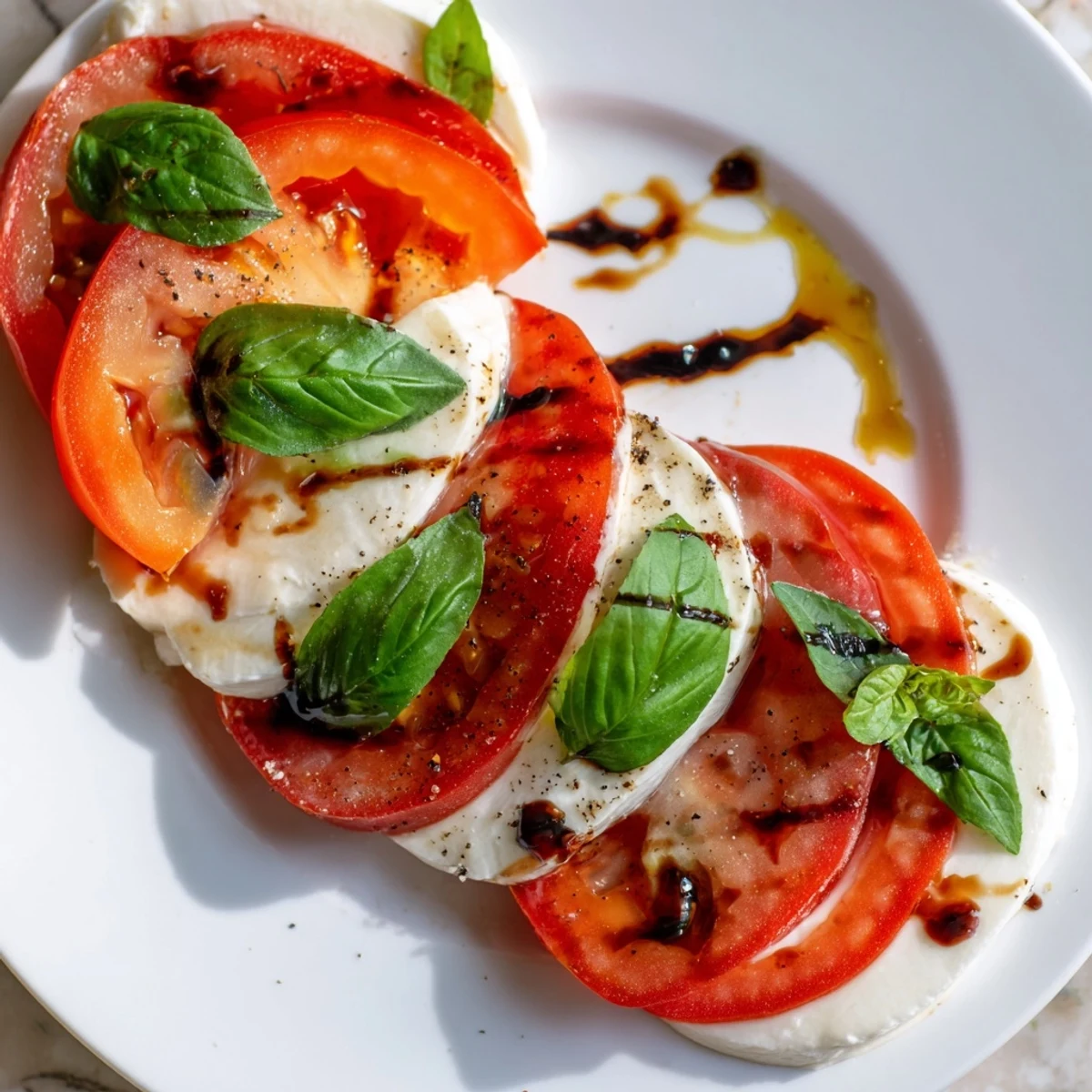 Family-style Caprese Salad Ultimate Recipe layered with basil leaves and balsamic glaze drizzle