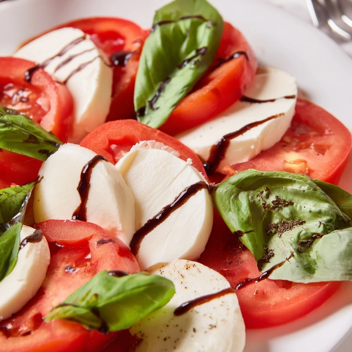 Bright Caprese Salad arranged on a platter, fragrant basil tucked between slices