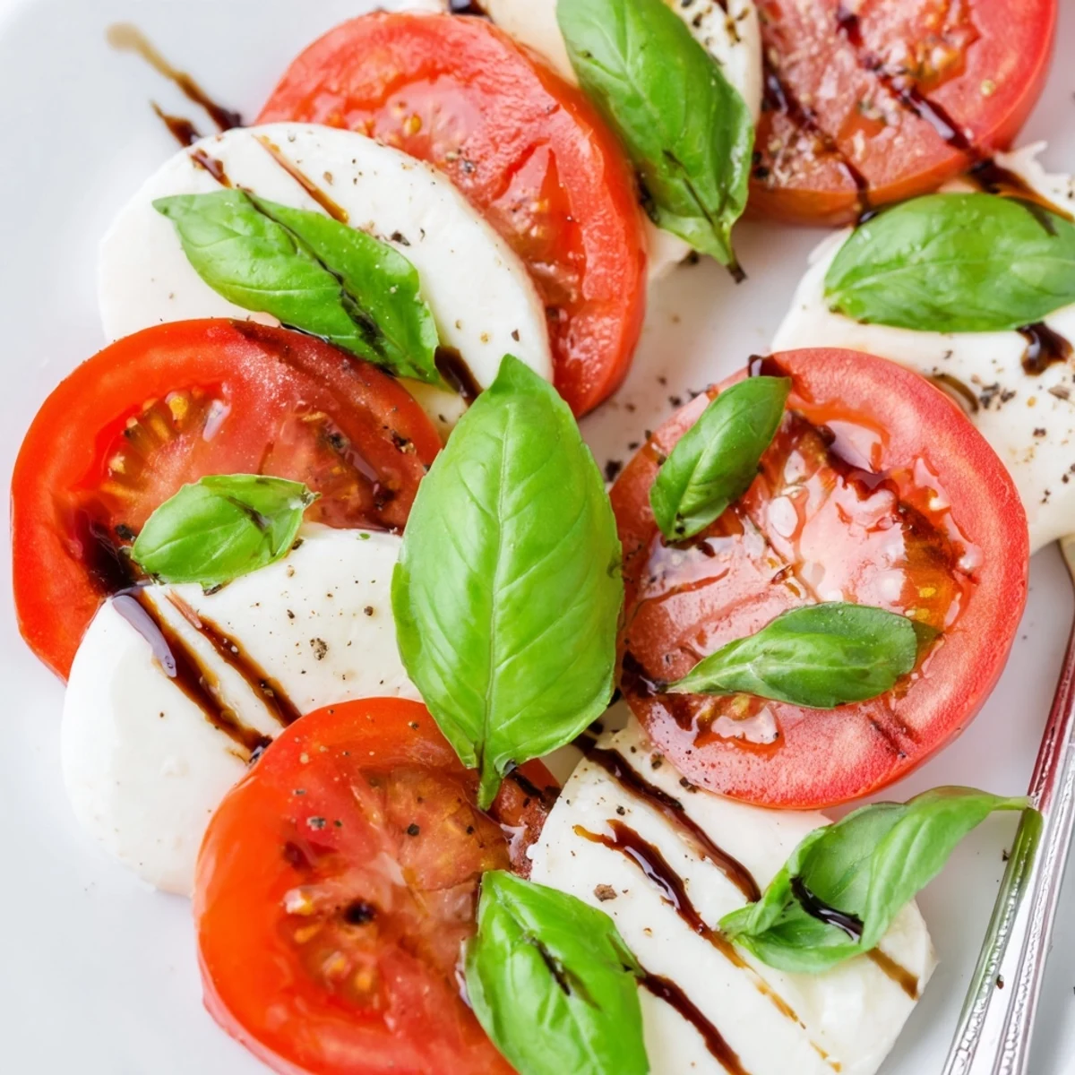 Homestyle Caprese Salad drizzled with balsamic glaze, perfect summer appetizer or side