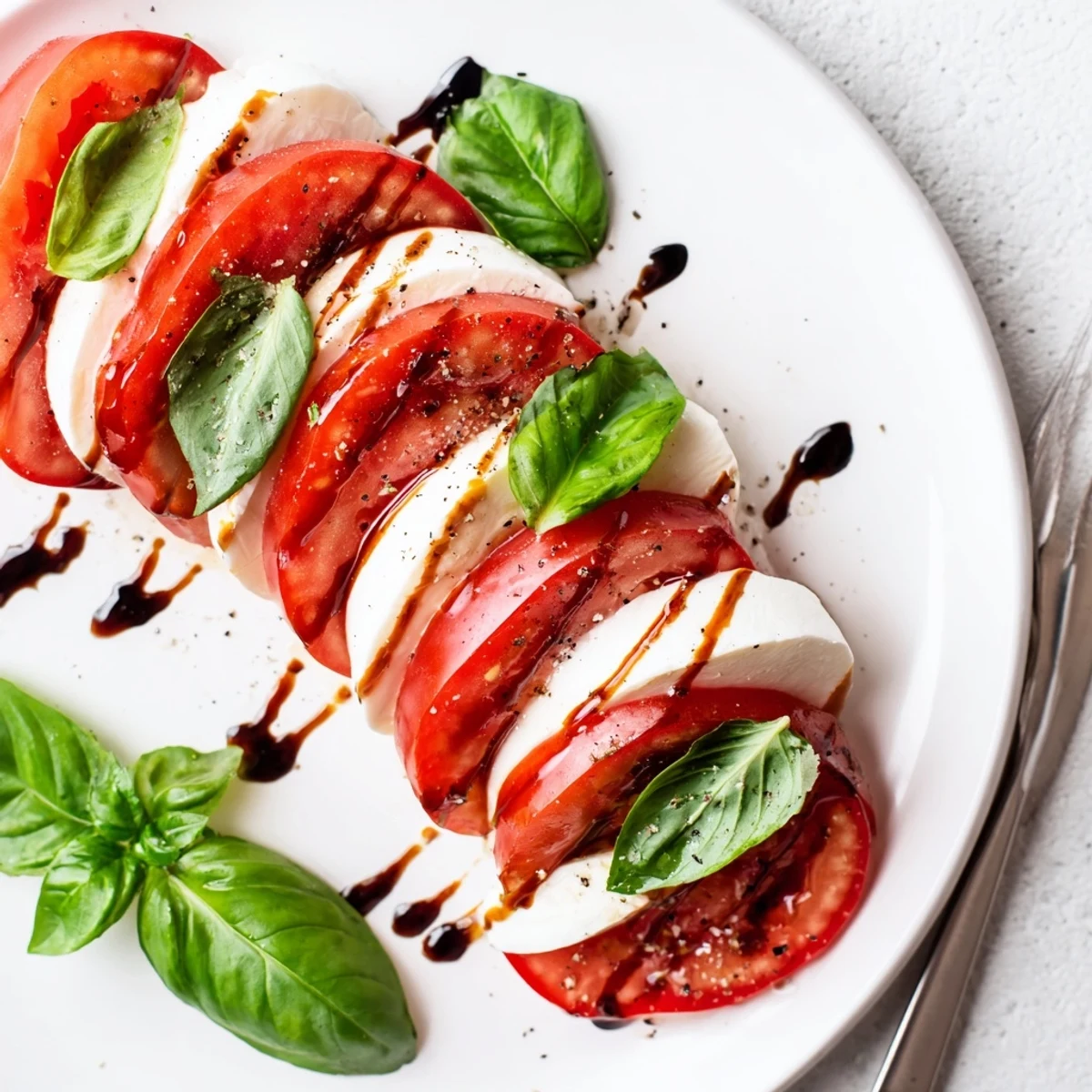 Caprese Salad Recipe with ripe tomatoes, creamy mozzarella, basil, glossy balsamic drizzle