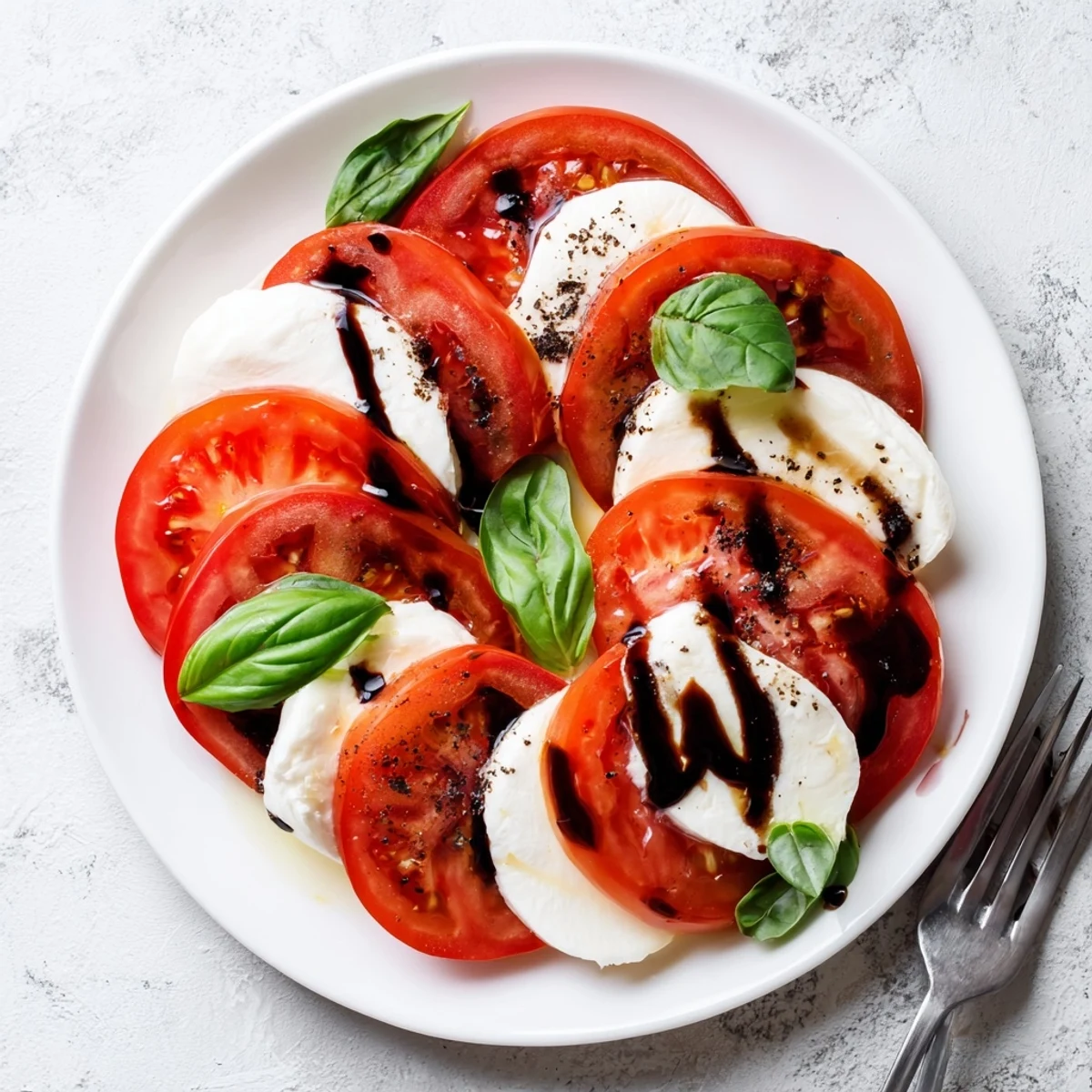 Easy Caprese Salad Recipe served immediately, zesty black pepper and flaky sea salt