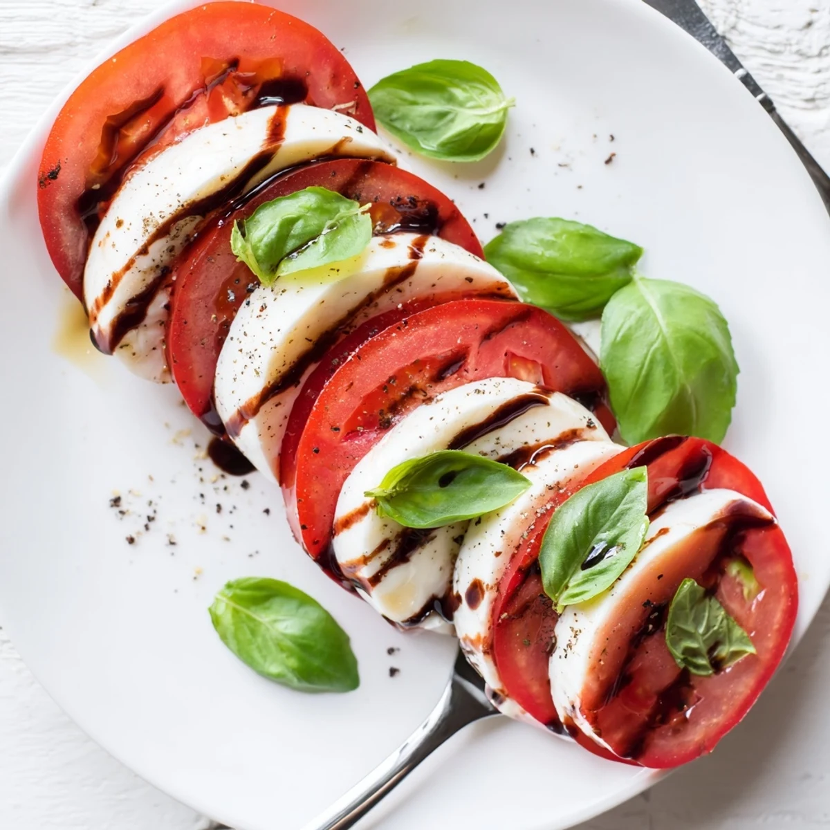Fresh Caprese Salad Recipe arranged on platter, fragrant basil and olive oil