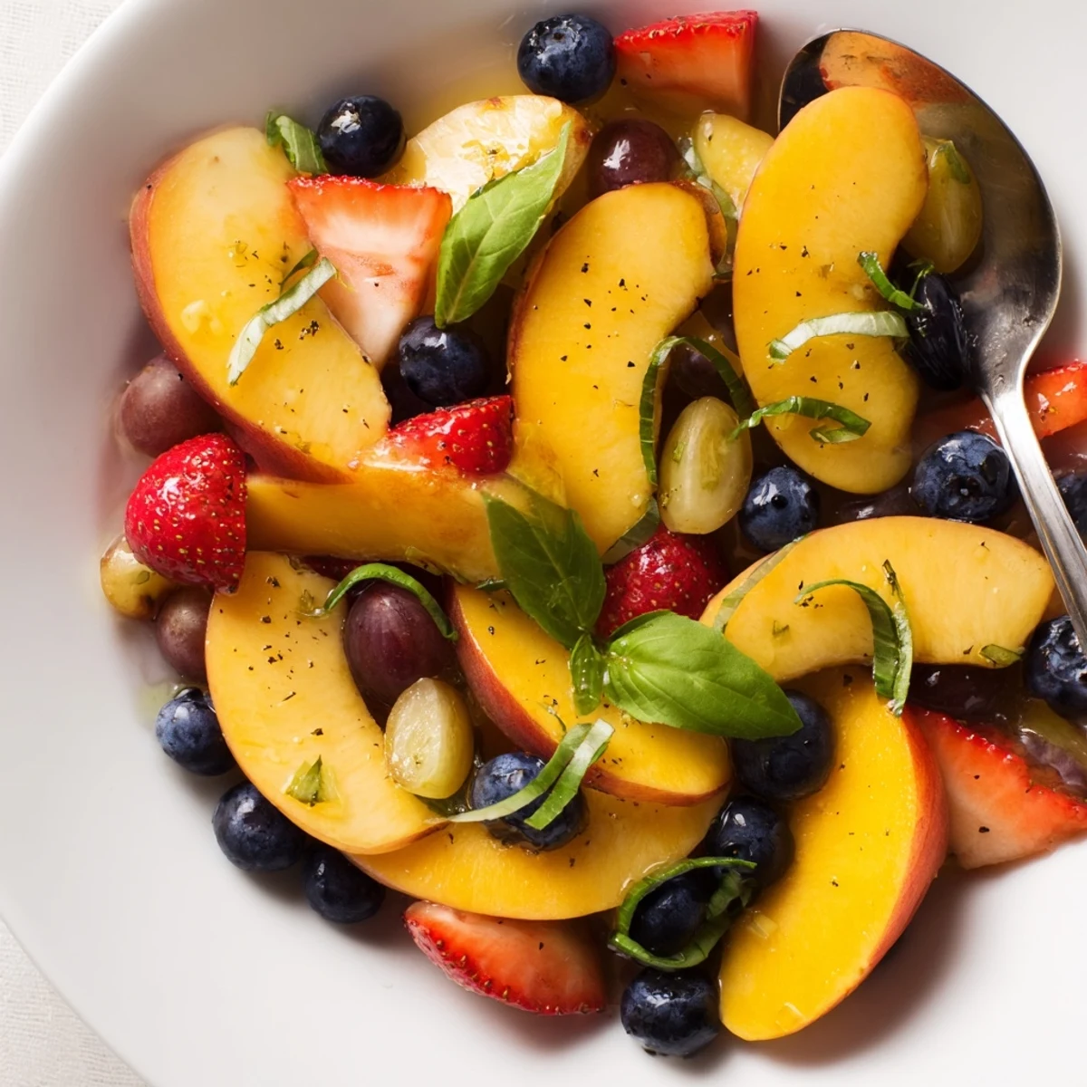 Glistening Honey Lime Basil Peach Fruit Salad with honey-lime glaze, basil flecks