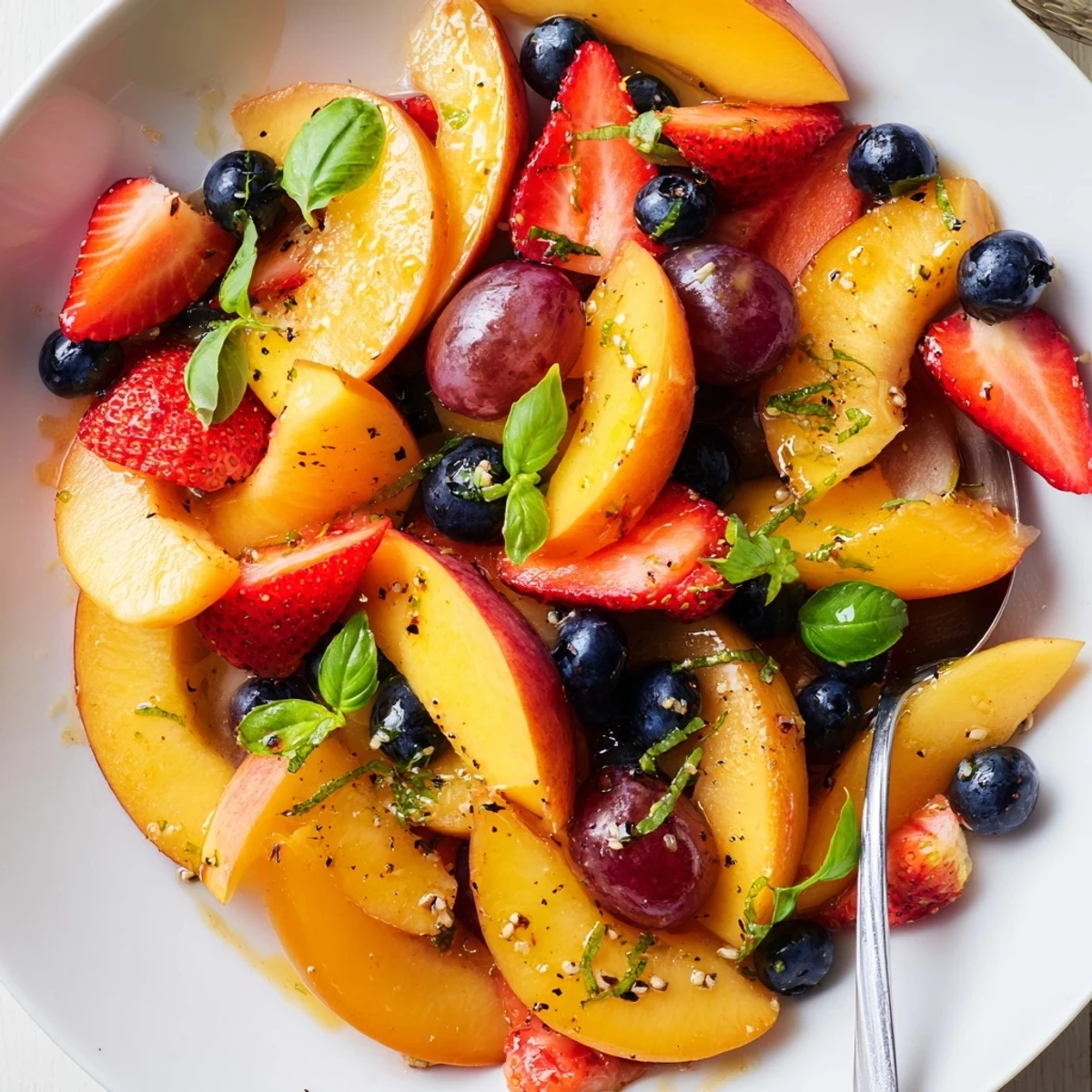 Chilled bowl of Honey Lime Basil Peach Fruit Salad, juicy peaches, bright basil