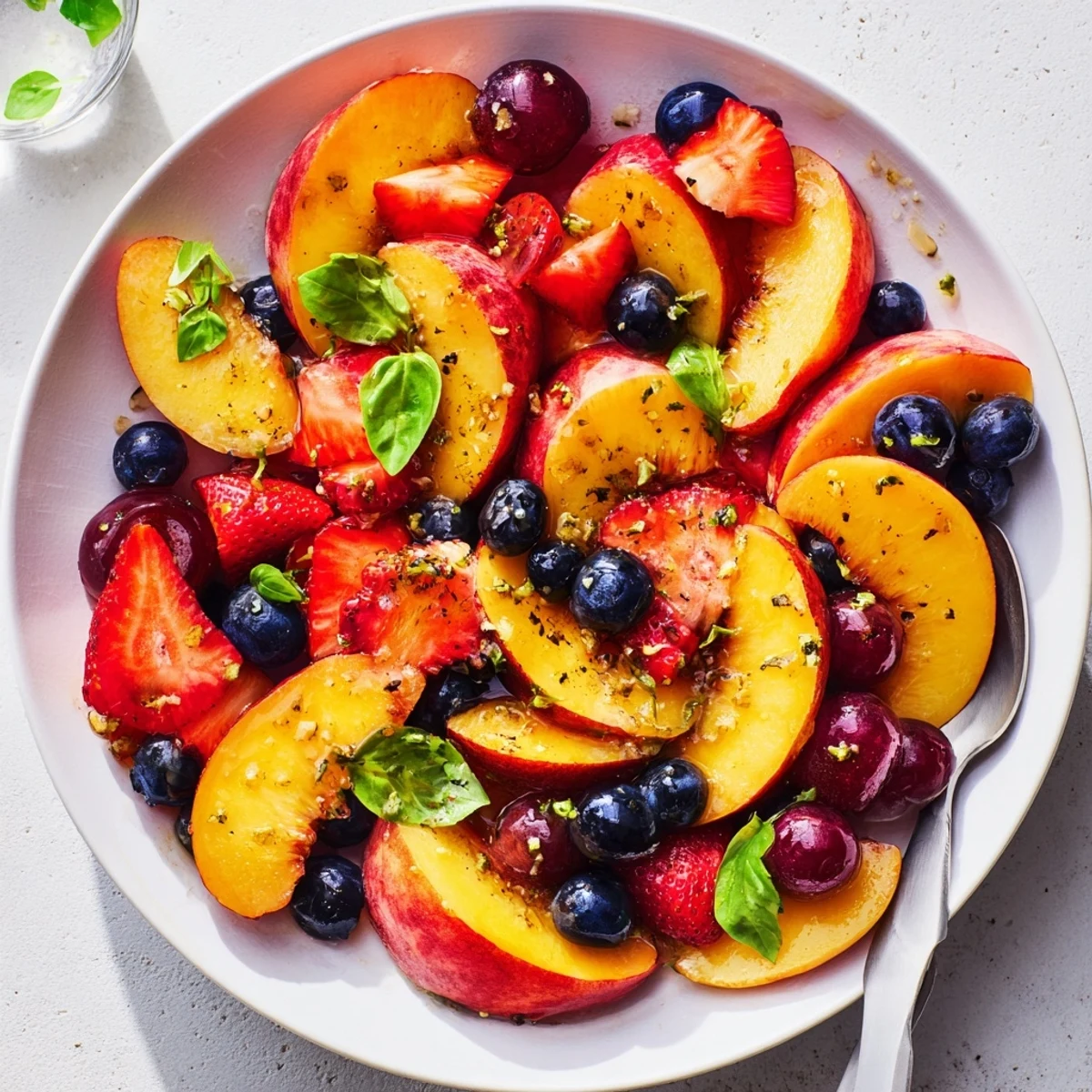 Serve Honey Lime Basil Peach Fruit Salad at picnics; zesty lime, sweet honey