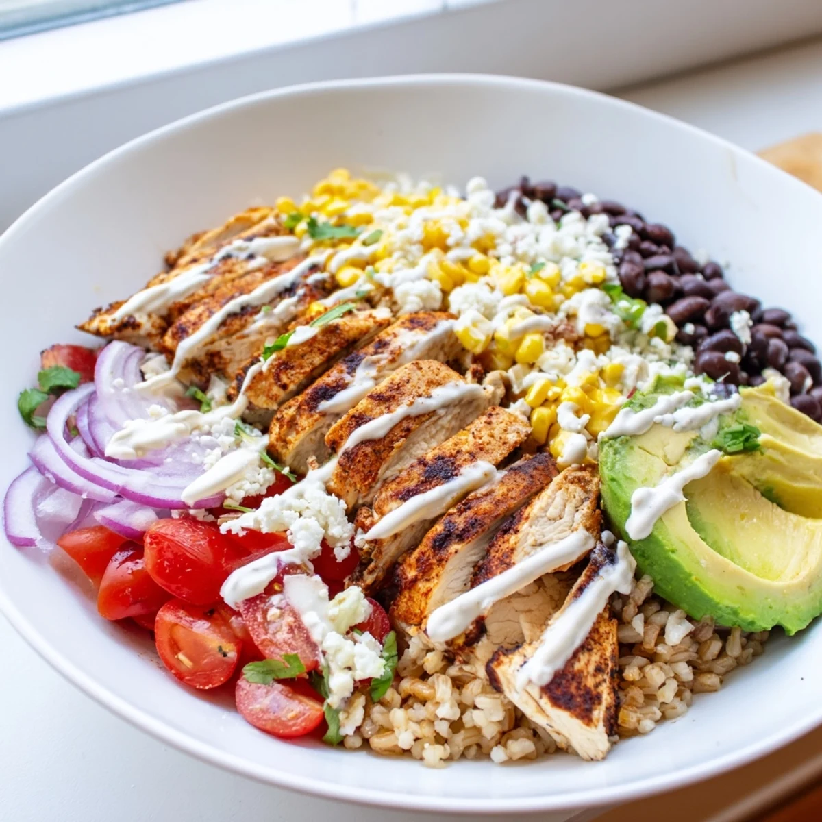 A vibrant Mexican chicken grain bowl topped with fresh avocado, colorful veggies, and zesty lime crema drizzle