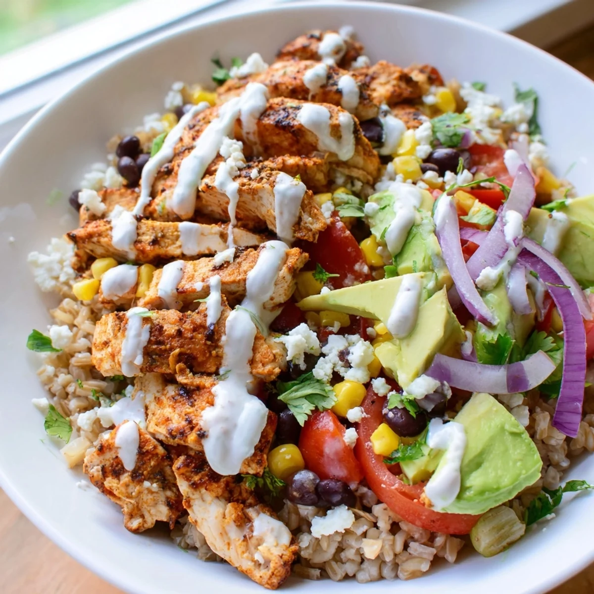 Spiced chicken strips nestled over fluffy rice with black beans, corn, and crumbled cotija cheese