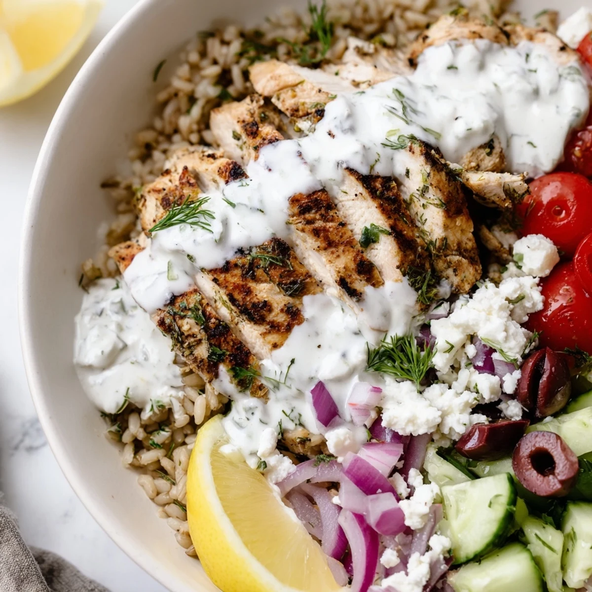 Juicy Greek Chicken Grain Bowl topped with vibrant vegetables, crumbled feta, and creamy tzatziki sauce