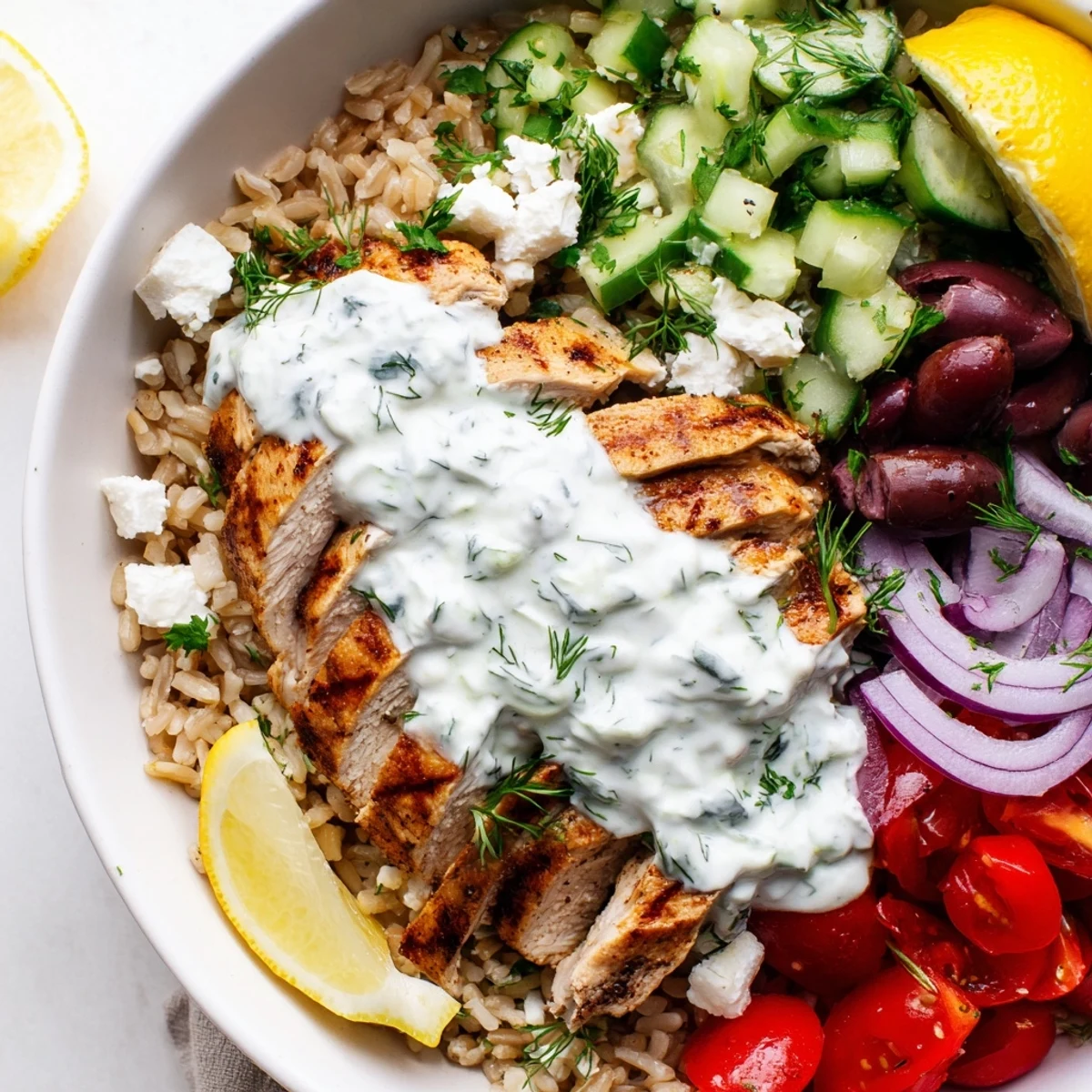 Warm Greek Chicken Grain Bowl layered with wholesome grains, fresh cucumbers, and tangy tzatziki drizzle