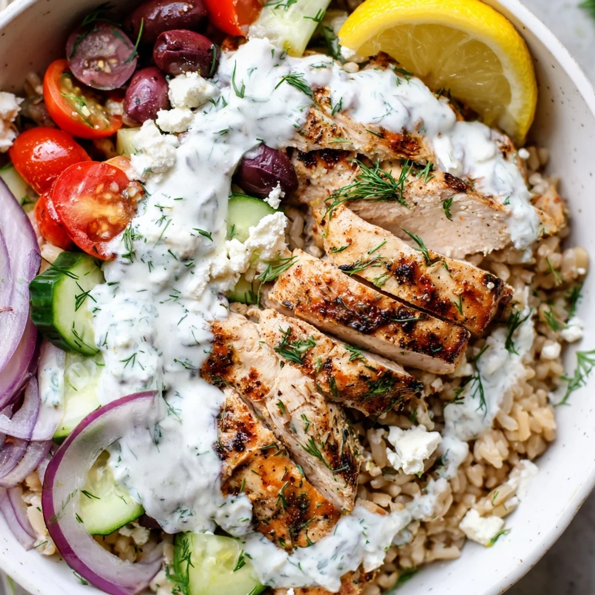 Golden seared Greek Chicken Grain Bowl served with ripe tomatoes, olives, and cool herb tzatziki
