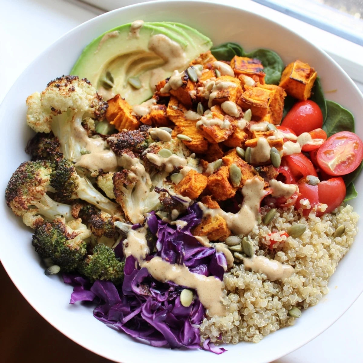 Colorful vegan buddha bowl with roasted sweet potato, avocado, and creamy tahini drizzle