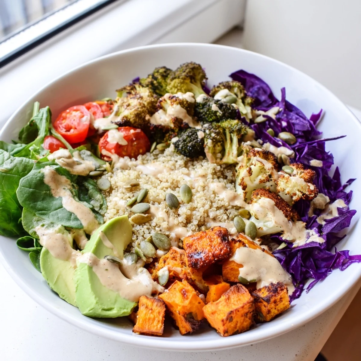 Vibrant vegan buddha bowl featuring fluffy quinoa, crisp vegetables, and golden pepitas