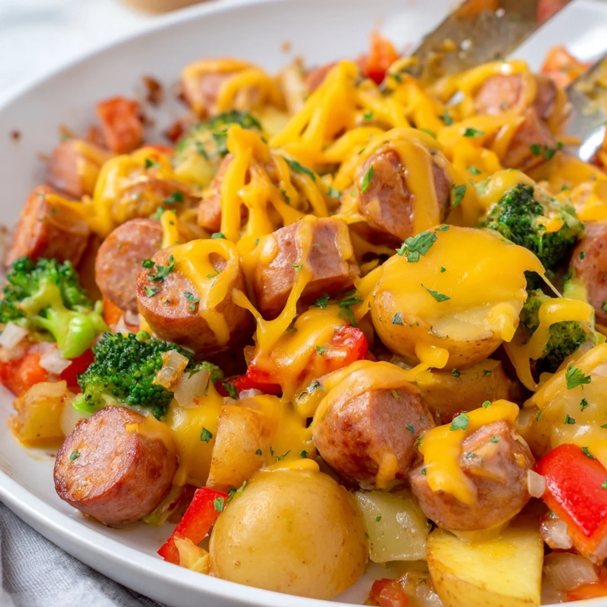 Cheesy Kielbasa Skillet served steaming in a cast iron pan with colorful bell peppers