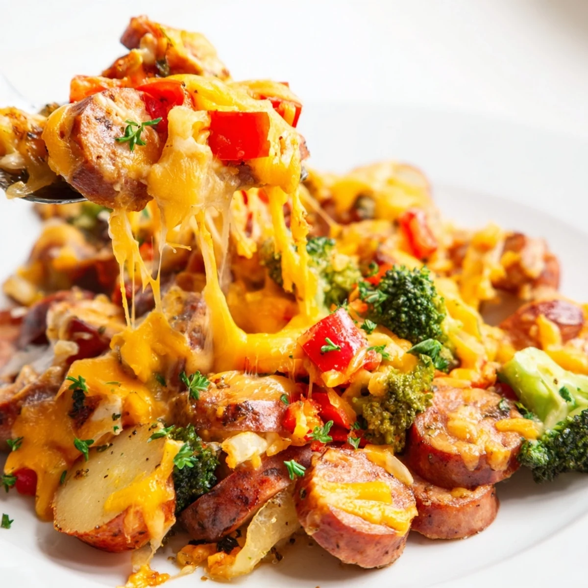 Golden Cheesy Kielbasa Skillet topped with gooey cheese, crisp broccoli, and fresh parsley
