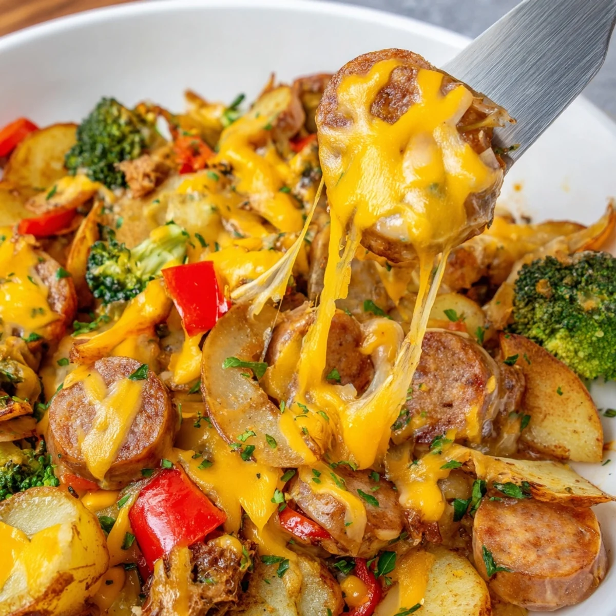 Cheesy Kielbasa Skillet bubbling with melted cheddar, tender potatoes, and smoky sausage