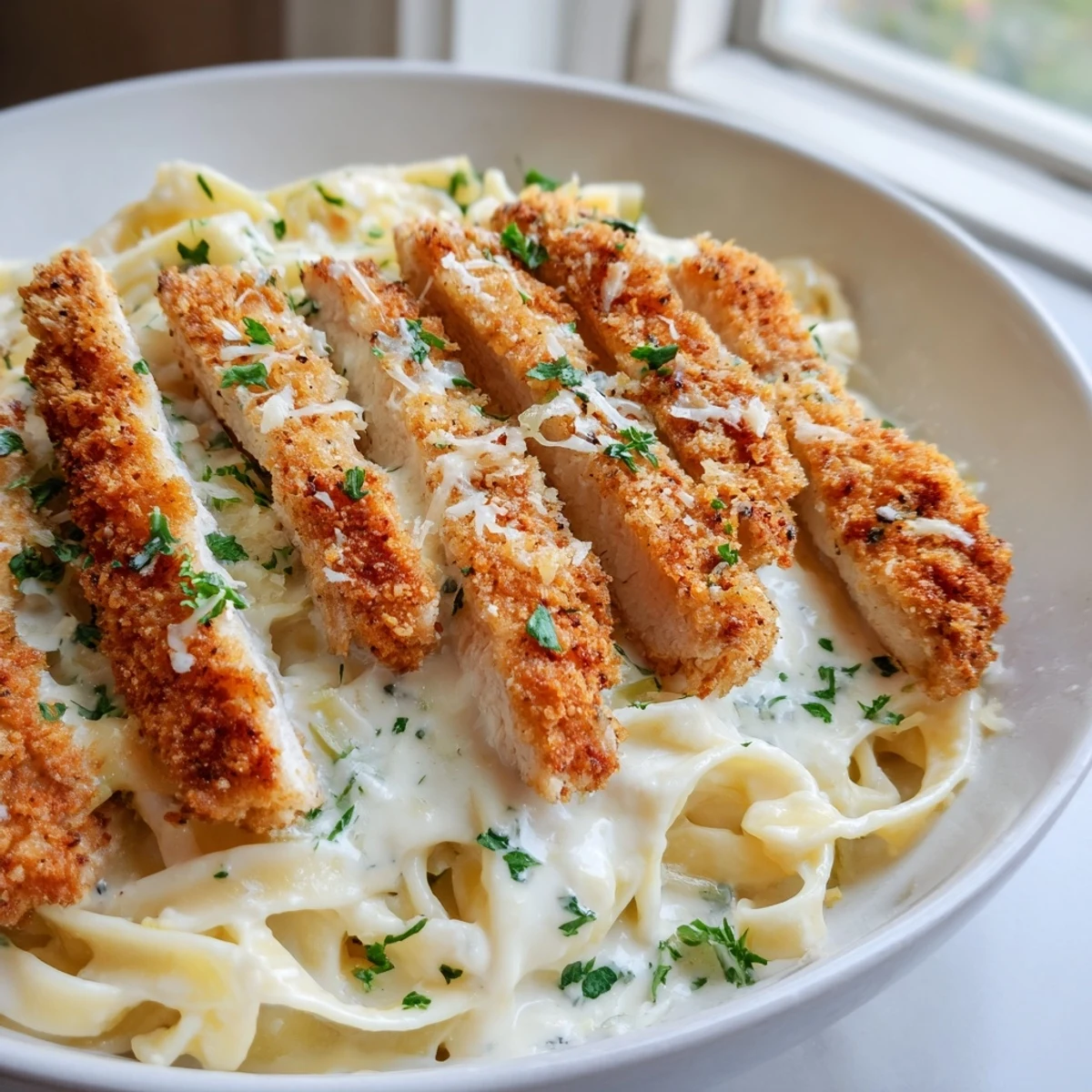 Crispy chicken Alfredo with golden breaded cutlets over creamy Parmesan fettuccine