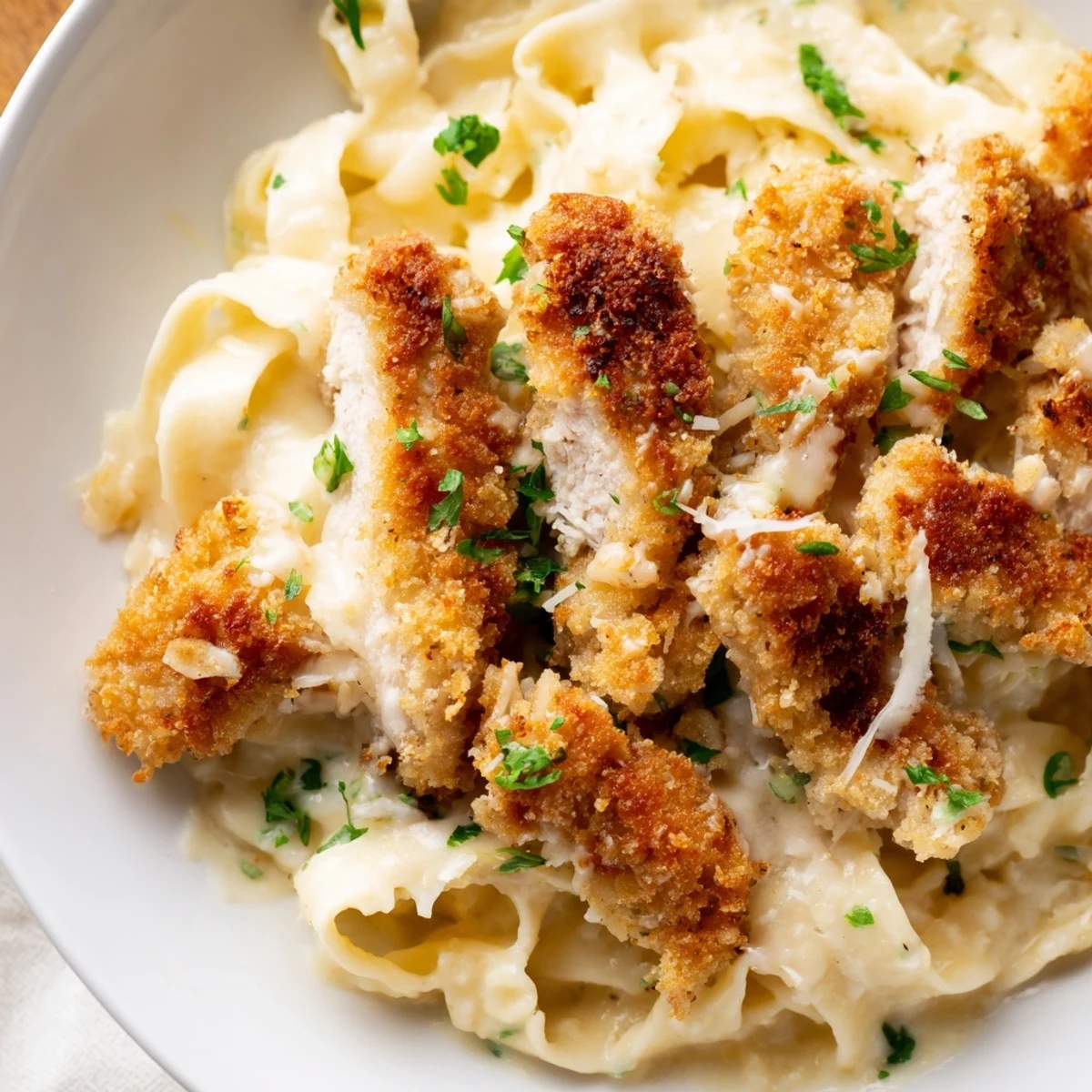 Creamy crispy chicken Alfredo topped with fresh parsley in white bowls