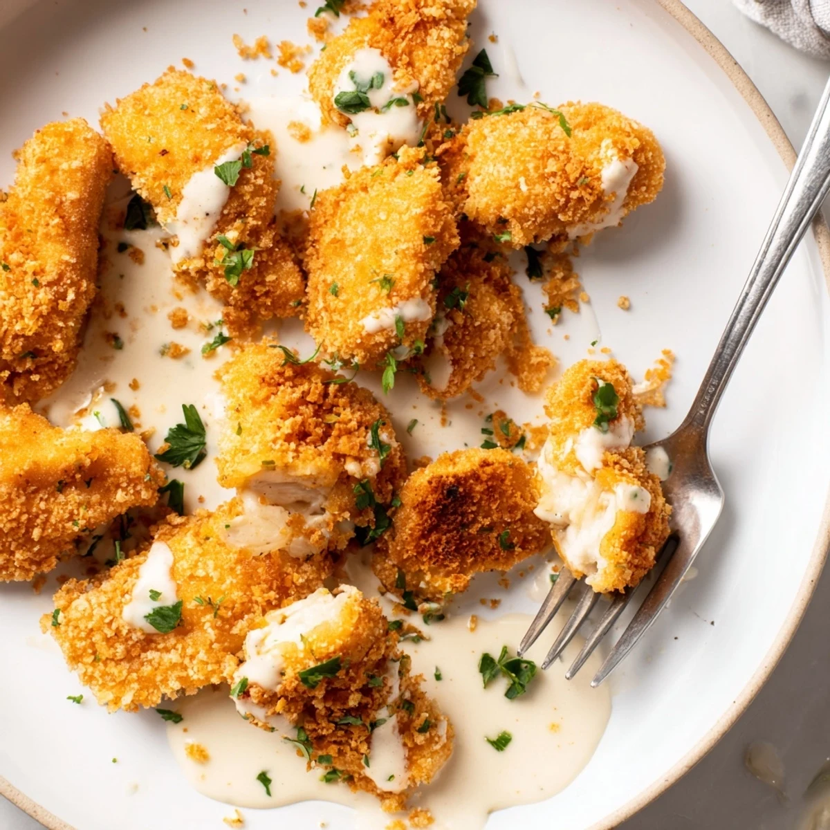 Golden crispy parmesan chicken plated with velvety garlic sauce and fresh parsley garnish