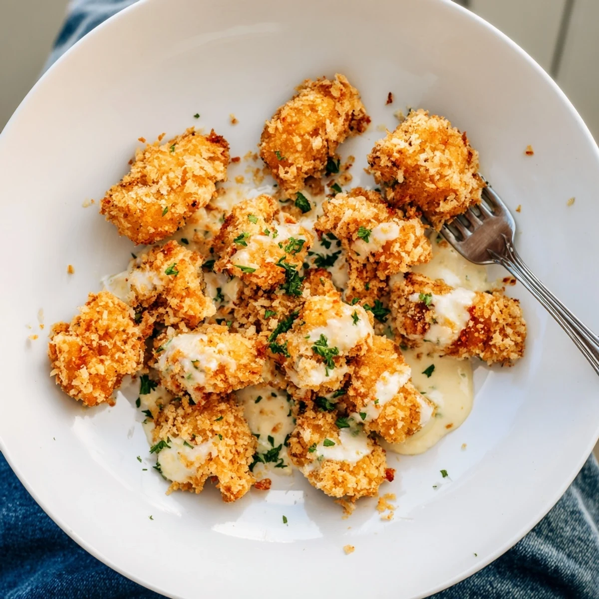 Crispy parmesan chicken with creamy garlic sauce served over a rustic dinner plate