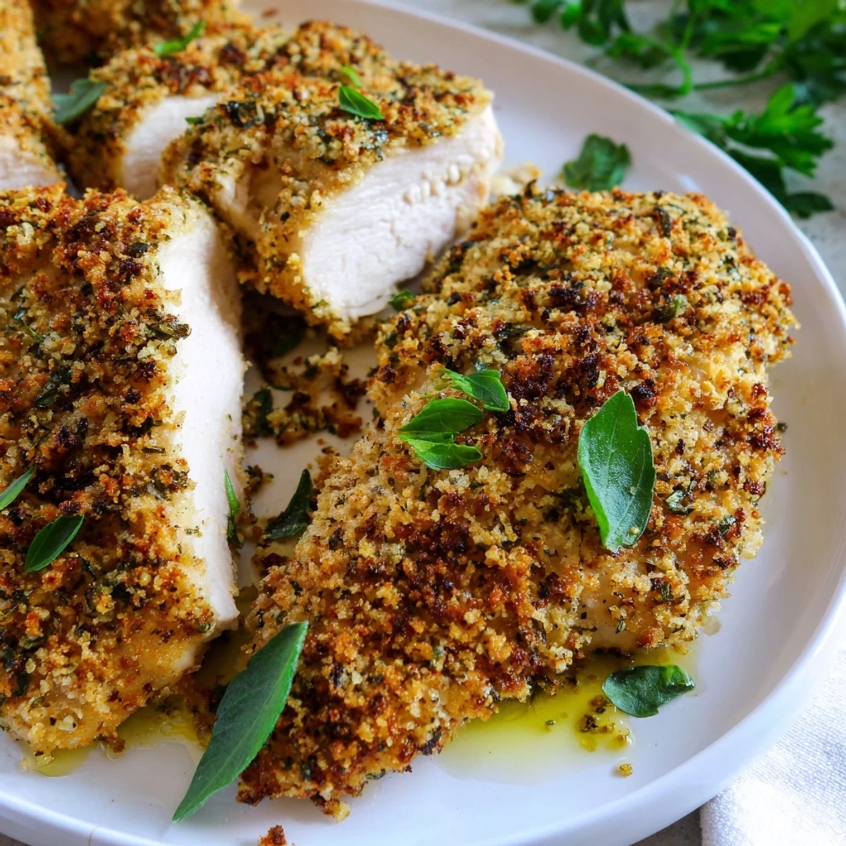 Golden crispy Savory Herbed Parmesan Chicken fresh from the oven with fragrant herbs