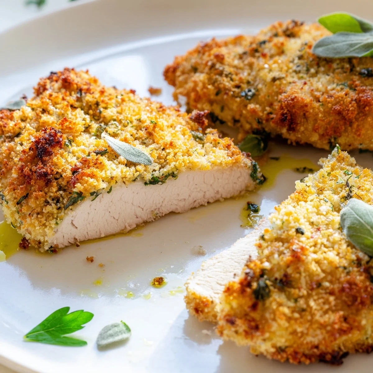 Juicy Savory Herbed Parmesan Chicken sliced open revealing tender meat and crispy herb crust