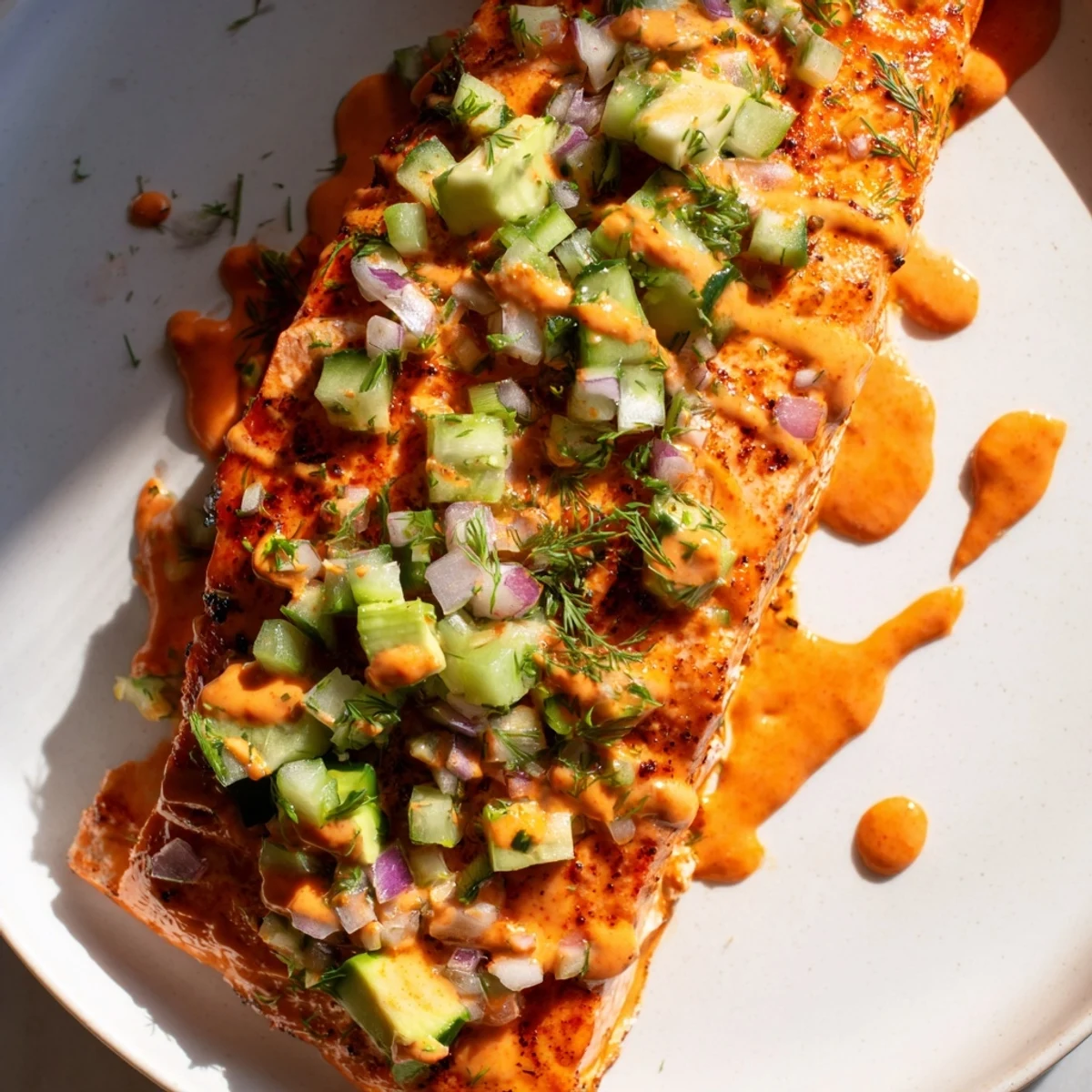 Golden baked salmon topped with creamy bang bang sauce and fresh avocado cucumber salsa