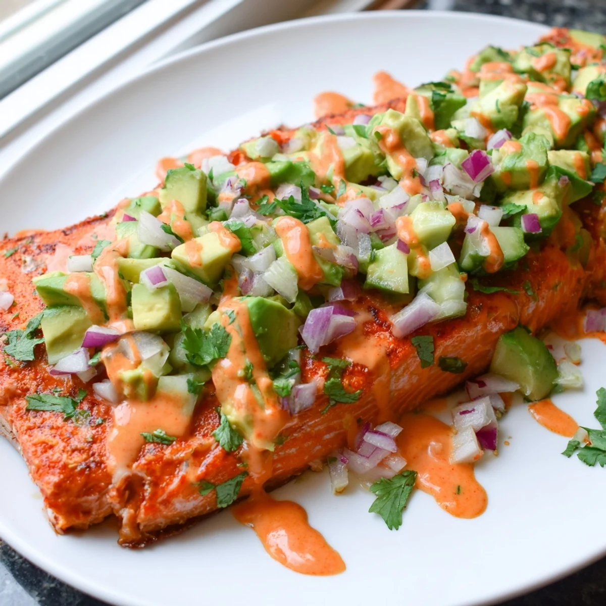 Spicy bang bang salmon served over white rice with cool avocado cucumber salsa on top